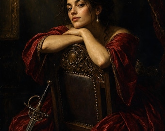 Baroque Oil Portrait Printable Wall Art, Dark Academia Poster, Woman With Rapier Print, Moody Chiaroscuro Decor, Digital Download, 5 Ratios