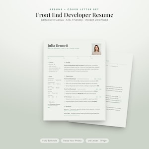 May include: A digital resume and cover letter template set titled Front End Developer Resume. The document features a professional layout with a headshot placeholder, contact details, profile summary, skills, experience, and education sections.