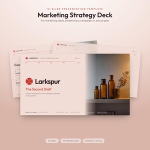 May include: A 12-slide marketing strategy presentation template titled Larkspur The Second Shelf. The layout features a red logo, text fields for quarterly planning, and a photograph of three amber glass bottles on a shelf with a dried plant.