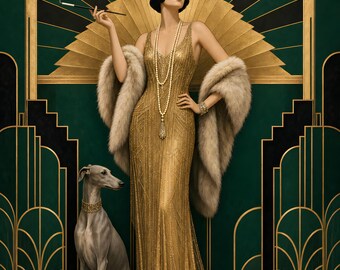 Art Deco Woman Printable Wall Art, 1920s Gatsby Poster, Gold Glamour Print, Emerald Deco Room Decor, Digital Download, 5 Aspect Ratios