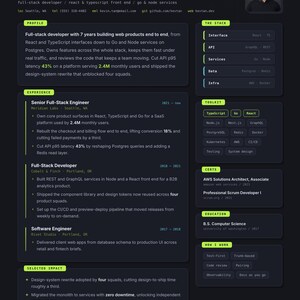 Può includere: Un curriculum professionale a tema scuro per Kevin Tan, sviluppatore full-stack. Il layout presenta accenti verde lime, una foto profilo, dettagli di contatto, esperienza lavorativa presso Meridian Labs, Cobalt & Finch e Rivet Studio, oltre a competenze tecniche.