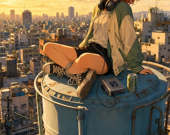 Anime Girl Rooftop Printable Wall Art, Lofi Aesthetic Poster, Golden Hour City Print, Anime Room Decor, Digital Download, 5 Aspect Ratios