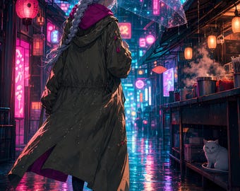 Anime Rainy Alley Printable Wall Art, Neon City Poster, Cyberpunk Street Print, Umbrella Girl Anime Decor, Digital Download, 5 Aspect Ratios