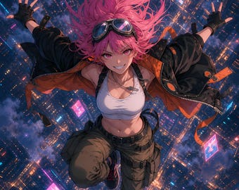 Anime Skydiver Printable Wall Art, Neon City Poster, Freefall Girl Print, Cyberpunk Anime Room Decor, Digital Download, 5 Aspect Ratios
