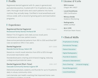 Dental Hygienist Resume Template + Cover Letter | Editable in Canva | ATS-Friendly | Instant Download