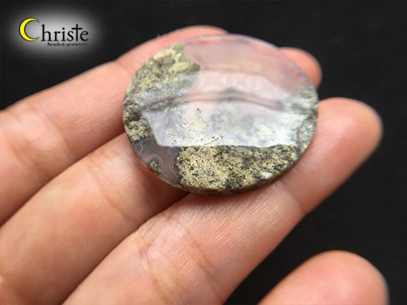 AG21 JAN010 Natural scenery dendritic quartz picture moss agate round cabochon 31x5mm