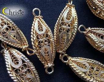 Handmade Filigree Beads Gold Plated Copper 3D Hollow Double Pyramid Prism Twisted Edges 13x32mm