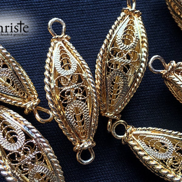 Handmade Filigree Beads Gold Plated Copper 3D Hollow Double Pyramid Prism Twisted Edges 13x32mm