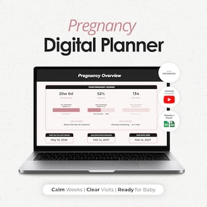 Puede incluir: Un portátil muestra un planificador digital de embarazo con un panel de control. La pantalla presenta seguimiento de progreso, cronogramas de trimestres y fechas de parto. Tres iconos circulares indican tutoriales y compatibilidad.