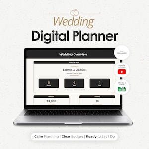 Puede incluir: Un ordenador portátil que muestra una interfaz de planificador de bodas digital con el texto Wedding Digital Planner, Wedding Overview, Emma & James, Saturday, June 12, 2027, y rastreadores de presupuesto y número de invitados.