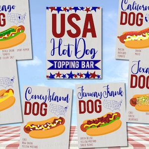May include: A collection of six illustrated hot dog variations, each labeled with a city name and a list of toppings. A central sign reads "USA Hot Dog Topping Bar" with red, white, and blue stars. The hot dogs are on a red and white checkered tablecloth.