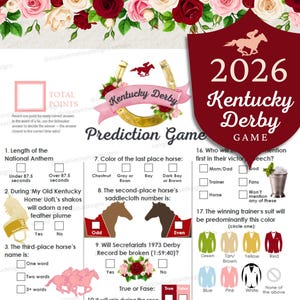 May include: A Kentucky Derby prediction game for 2026. The game features a decorative horseshoe, a shield with a horse and rider, and multiple choice questions about the race. The game includes a section for total points.