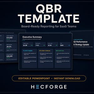 Pode incluir: Um documento de modelo digital QBR com slides de tema escuro, visualizações de dados, painéis de KPI e resumos executivos. O texto inclui QBR TEMPLATE, Board-Ready Reporting for SaaS Teams e HECFORGE. Formato PowerPoint editável.