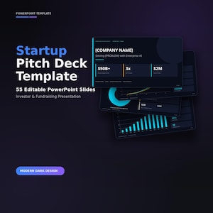 May include: A digital PowerPoint template for startup pitch decks featuring 55 editable slides. The dark-themed design displays data visualizations, including bar charts and financial metrics, with cyan accents and text reading Startup Pitch Deck Template.