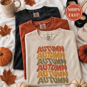 May include: Three crew neck t-shirts in black, rust orange, and cream. The cream shirt features the word AUTUMN repeated six times in a wavy, stacked font in shades of orange, yellow, and olive green. Each shirt has a Comfort Colors brand label.