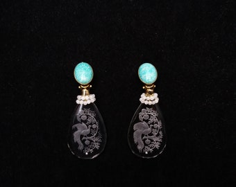 Boucles d'oreilles clips, verre, amazonite, nommées PARADIS BLEU