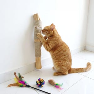 May include: A vertical wooden scratching post wrapped in beige sisal rope, accompanied by a cat toy wand with colourful feathers, a metallic crinkle ball, and a small plush mouse toy with feathers, all positioned on a white tiled floor.