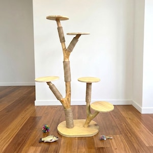 Cat tree handmade wood natural floor tower for indoor cats rustic plush bed