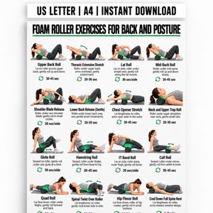 Peut inclure: Une affiche pédagogique blanche intitulée FOAM ROLLER EXERCISES FOR BACK AND POSTURE, présentant seize illustrations de personnes utilisant un rouleau en mousse. Chaque exercice inclut un texte descriptif, des flèches vertes et des durées.