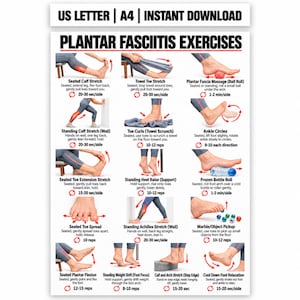 May include: A white informational poster titled Plantar Fasciitis Exercises featuring twelve illustrated steps for foot and ankle stretches. Each section includes a visual demonstration of the movement, descriptive text, and repetition or time counts.