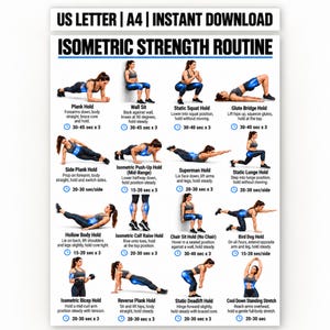 May include: An instructional poster titled ISOMETRIC STRENGTH ROUTINE featuring twelve illustrations of individuals performing various exercises like plank holds, wall sits, and glute bridges with text descriptions and time durations for each movement.