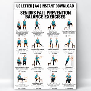 以下が含まれることがあります： Seniors Fall Prevention Balance Exercisesと題されたデジタルポスター。身体運動を行う人物のイラスト12点、テキストによる指示、回数、US LetterおよびA4サイズの表記が含まれています。