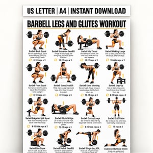 May include: A white informational poster titled BARBELL LEGS AND GLUTES WORKOUT featuring twelve illustrations of a person performing various barbell exercises. Each section includes the exercise name, instructions, and repetition counts.