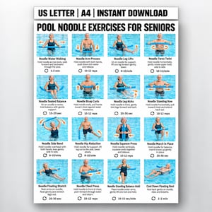 May include: A digital instructional chart titled Pool Noodle Exercises for Seniors, featuring sixteen individual photographs of people performing various water exercises with blue pool noodles, including text descriptions and repetition counts for each movement.