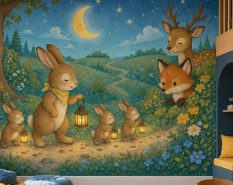 Papel pintado con ilustración de cuento de hadas de un bosque fantástico y mural de pared de cielo nocturno