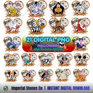 May include: A collection of 21 digital PNG files featuring various cartoon characters in Halloween-themed circular frames with spiderwebs, the text BOO, and HALLOWEEN. The set includes characters like Dopey, a mummy, a witch, and Jack Skellington.