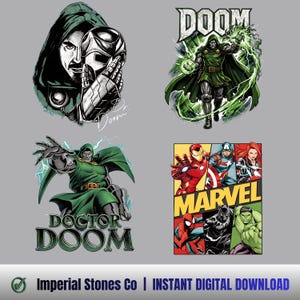 May include: A collection of four graphic illustrations featuring Doctor Doom in various poses, including a close-up with a mask, a full-body action shot with green energy, and a Marvel comic panel featuring Iron Man, Captain America, Black Widow, Spider-Man, Black Panther, and Hulk.