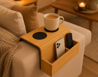 Bamboo Sofa Arm Tray Table, Couch Armrest Organizer, Cup Holder, Space Saving Side Table