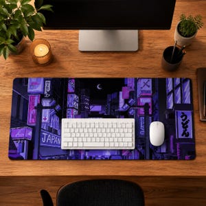 Vaporwave Anime Desk Mat, Tokyo Skyline, Retro Neon, Non-Slip Mouse Pad