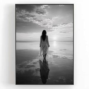 Può includere: Una stampa d'arte da parete in bianco e nero che mostra la silhouette di una persona in piedi in acque poco profonde al tramonto. La figura indossa un indumento lungo e fluido e il suo riflesso è visibile sulla superficie calma dell'acqua.