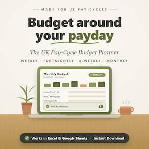May include: A digital budget planner interface displayed on a laptop screen with the text Budget around your payday, The UK Pay-Cycle Budget Planner, Weekly, Fortnightly, 4-Weekly, Monthly, and Works in Excel & Google Sheets, Instant Download.