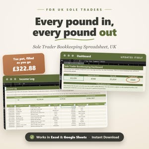 Buchhaltungstabelle für Einzelunternehmer, Steuererklärungstabelle (UK), HMRC-Ausgabenverfolgung, Excel, Google Sheets