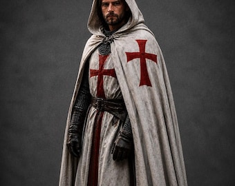 Disfraz de capa de cruzado templario medieval - Túnica de caballero con capucha - Capa blanca de la Cruz Roja - Traje de cosplay LARP de feria renacentista - Disfraz sagrado