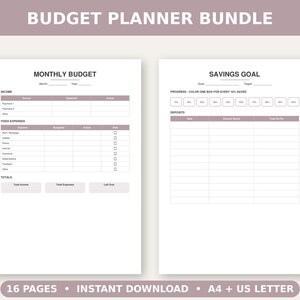 Peut inclure: Un ensemble de planificateur budgétaire composé de deux pages blanches avec des accents mauve. La page de gauche est un suivi de budget mensuel avec des sections pour les revenus et les dépenses fixes. La page de droite est un suivi d'objectifs d'épargne avec une barre de progression et un journal de dépôts. Le texte inclut BUDGET PLANNER BUNDLE, MONTHLY BUDGET et SAVINGS GOAL.