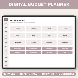 Peut inclure: Un planificateur de budget numérique affiché sur un écran de tablette présentant un tableau de bord avec des boutons de navigation mensuels de janvier à décembre, des outils de suivi supplémentaires et un menu latéral aux tons neutres.