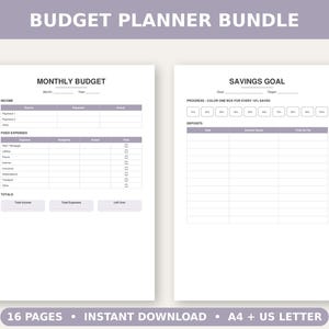 Peut inclure: Un ensemble de planificateur budgétaire composé de deux pages blanches avec des en-têtes et des accents violet clair. La page de gauche est intitulée Monthly Budget avec des sections pour les revenus et les dépenses fixes. La page de droite est intitulée Savings Goal.