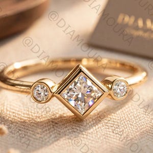 Princess Cut Moissanite Ring | 925 Sterling Silver Diamond Ring | Tiny Three Stone Engagement Ring | Geometric Bezel Set | Handmade Gift