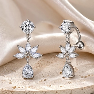 14G Titan-Bauchnabelpiercing mit umgekehrter Form, Zirkonia-Blumenanhänger, 6–16 mm gebogener Stab, chirurgisches Titan-Piercing, florales Design für Damen
