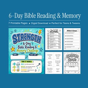 May include: A 6-Day Bible Reading & Memory challenge digital download set featuring 7 printable pages. The main cover displays the text Strength 6-Day Bible Reading & Memory Challenge with stars and lightning bolts. Includes trackers and a certificate.