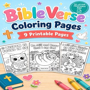 Può includere: Una raccolta digitale di pagine da colorare con versetti biblici composta da nove fogli stampabili con illustrazioni di un gufo, un bradipo e un tacchino, accompagnati da testo religioso, un libro blu e pastelli colorati su sfondo azzurro.