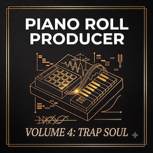 May include: A black square graphic with gold borders featuring the white text PIANO ROLL PRODUCER at the top and VOLUME 4: TRAP SOUL at the bottom. A gold line drawing of a music production controller with a keyboard and drum pads is centered.