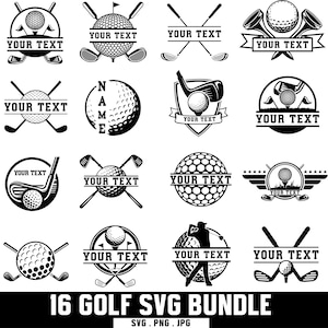 May include: A collection of sixteen black and white golf-themed graphic designs featuring golf balls, clubs, tees, and silhouettes. Each emblem incorporates space for custom text, displaying the placeholder phrase YOUR TEXT in bold lettering.