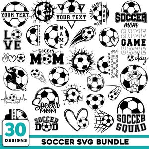 May include: A collection of 30 black and white soccer-themed digital designs featuring various soccer balls, player silhouettes, heart shapes, and text elements including Soccer Mom, Soccer Squad, and Game Day, presented as a graphic bundle.