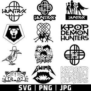 Può includere: Una collezione di dodici disegni grafici in bianco e nero con vari loghi e illustrazioni. Sono inclusi i testi HUNTRX, K-POP DEMON HUNTERS, SIJA BOYS e GWIMA, insieme a icone di una testa di leone, un uccello, una tigre e figure stilizzate.