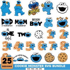 Op de afbeelding: Een digitale collectie van 25 Cookie Monster grafische ontwerpen met het blauwe personage met chocoladekoekjes, de cijfers één tot en met acht, en tekst waaronder DAD, MOM, BIRTHDAY BOY, MR ONE-DERFUL, TWO en ARE YOU MAKING COOKIES.
