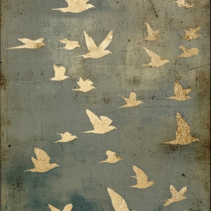 May include: A rectangular wall art piece featuring a distressed, textured blue-gray background with numerous gold-colored silhouettes of birds in flight scattered across the surface, creating a layered and weathered visual effect.
